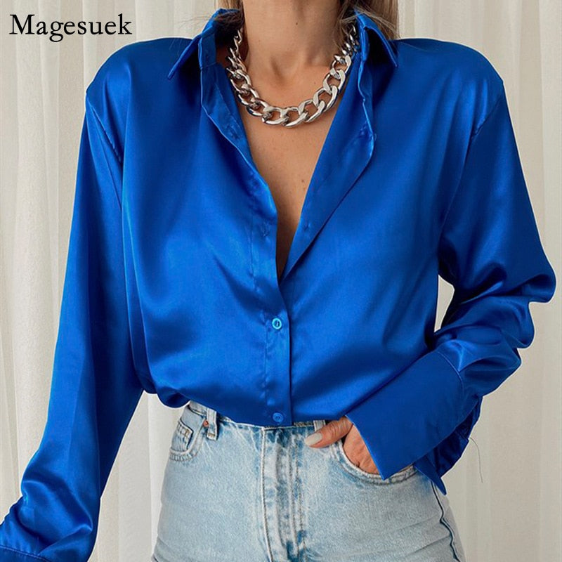 Elegant Satin Long Sleeve Women Vintage Silk Shirt 