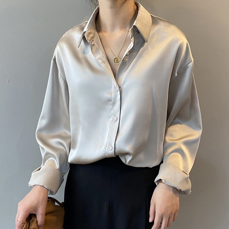Autumn Fashion Button Up Satin Silk Shirt Vintage Blouse Women 
