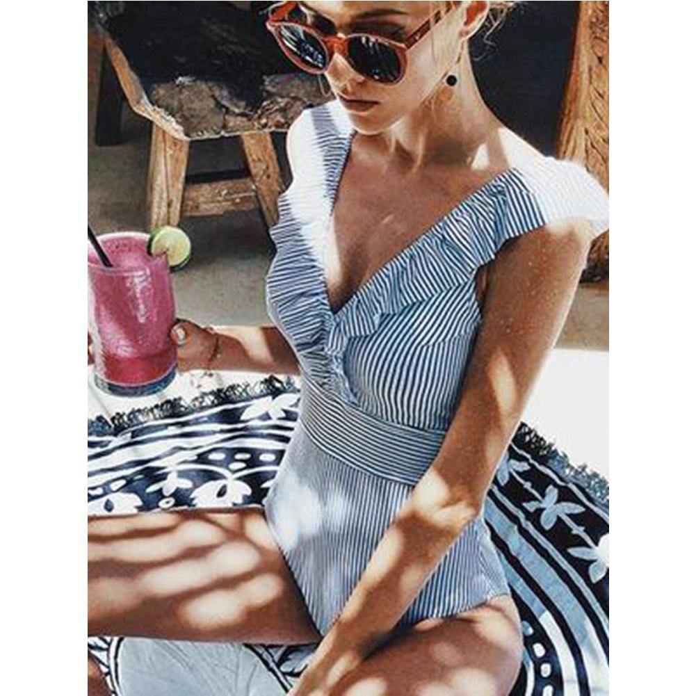 Sexy Ruffled Striped V Neck Swimsuit for Women 