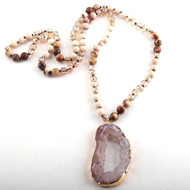 Stone Long Knotted Irregular Druzy Stone Pendant Necklaces For Women 