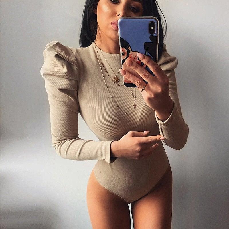Solid Knitted Bodysuit with Puff Shoulder 