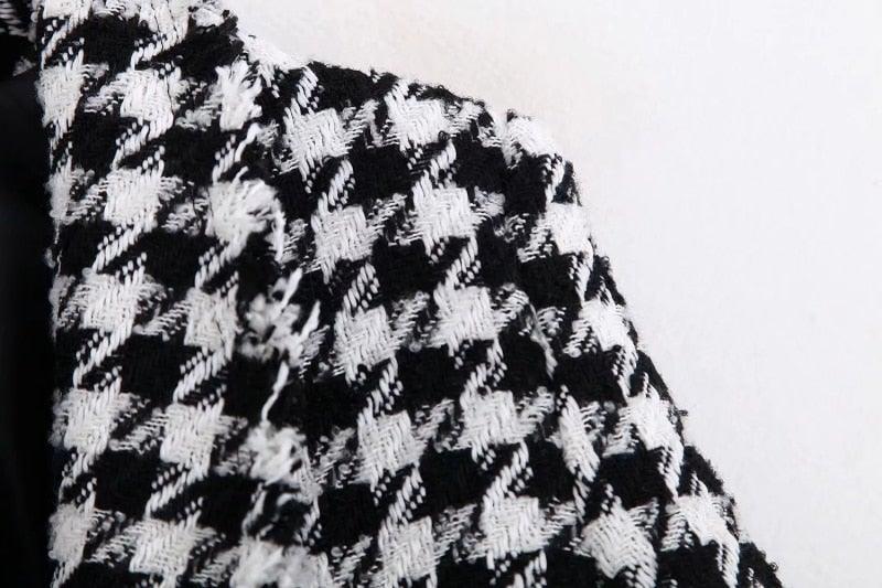 Houndstooth Double Breasted Tweed Wool Blazer 