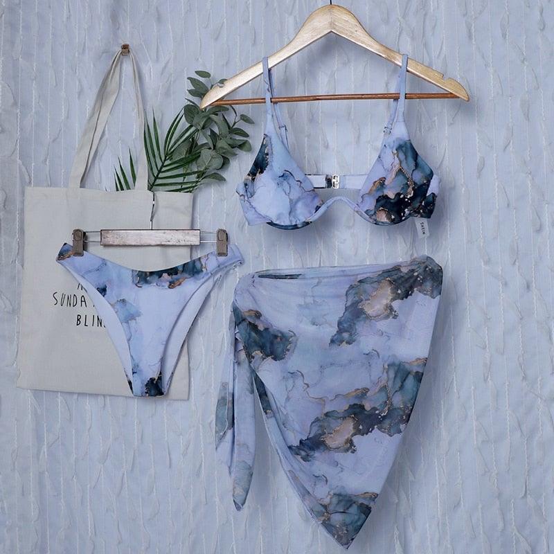 Marble Print Push Up Bikini 3-Piece Set - Buy a Dream