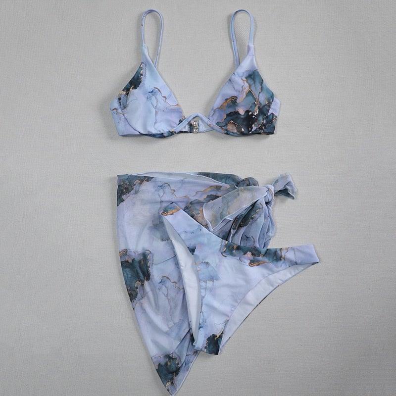 Marble Print Push Up Bikini 3-Piece Set - Buy a Dream