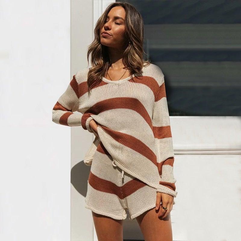 Long Sleeve Loose Knitted Sweater Two Piece Shorts Matching Set - Buy a Dream