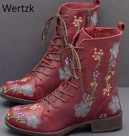 Cottagecore Floral Etched Leather Lace Up Combat Boots - Buy a Dream