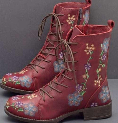 Cottagecore Floral Etched Leather Lace Up Combat Boots - Buy a Dream